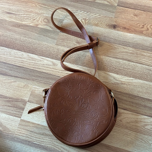 Round Brown Embossed Large Circle Crossbody Bag - Picture 2 of 8